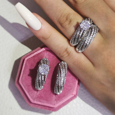 Elegant 5 ctw Round Cut White Stone 2 Piece Engagement Ring Set -JEWELBUYS