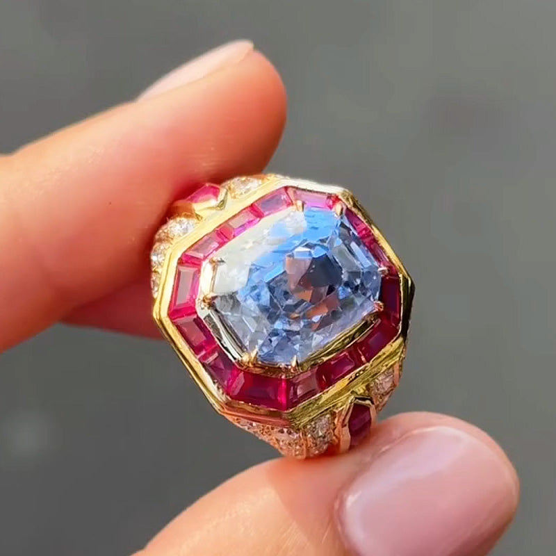 10.5ctw Ruby and Aquamarine Sapphire Ring-JEWELBUYS