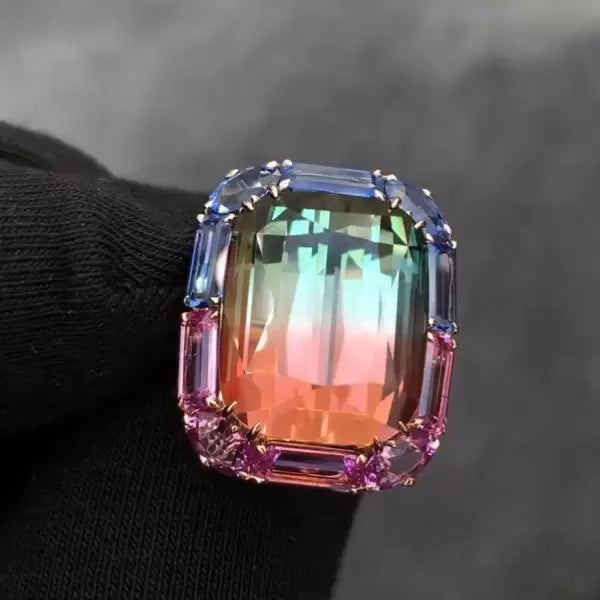 Stunning 6.8ct Cushion Cut Bi-color Tourmaline Cocktail Ring-JEWELBUYS