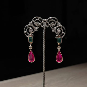 6.0ctw Various Cut Red and Emerald Two Tone Sapphire Drop Earrings - JEWELBUYS