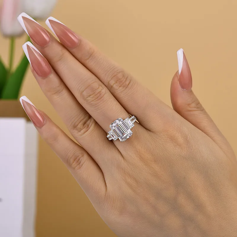 5ct Emerald Cut White Sapphire Three Stones Engagement Ring-JEWELBUYS