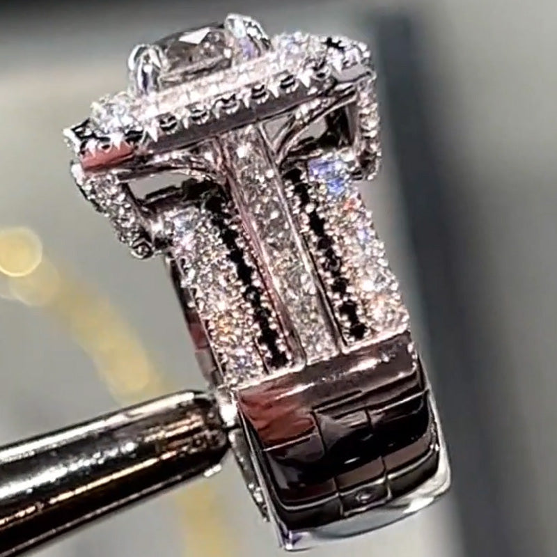 6.2Ctw Round Cut Black and White Sapphire Square Halo Engagement Ring-JEWELBUYS