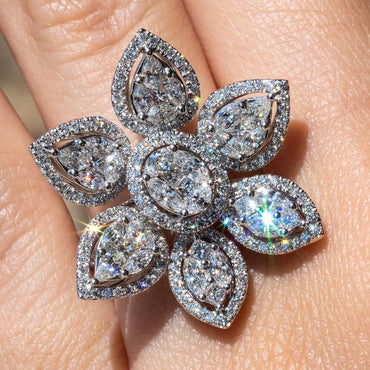 Flower-shaped 4ctw Round & Pear Cut White Sapphire Women's Engagement Ring in Silver-JEWELBUYS