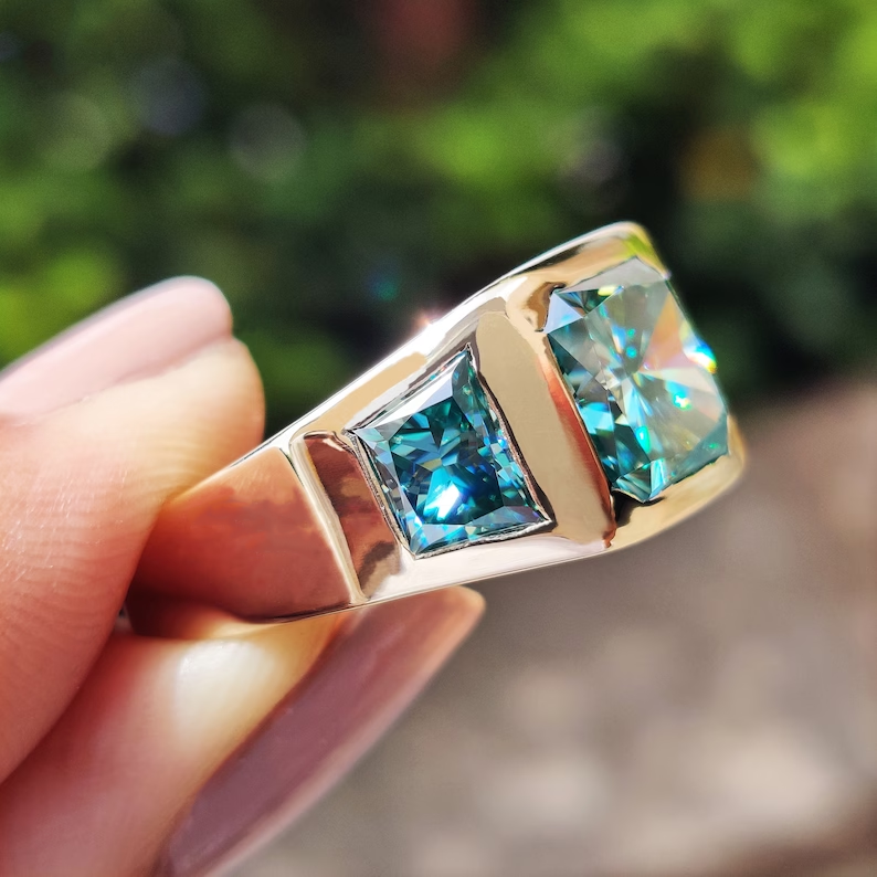 Three Stone 7 ctw Radiant Cut Blue Green Sapphire Vintage Ring - JEWELBUYS