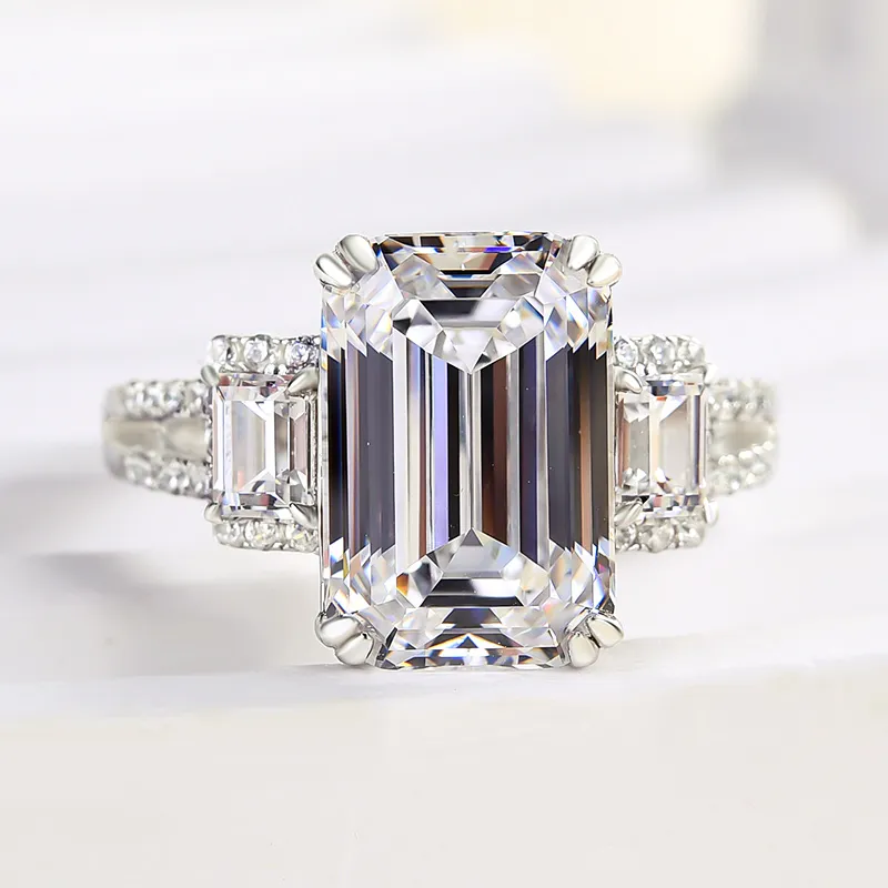 5ct Emerald Cut White Sapphire Three Stones Engagement Ring-JEWELBUYS