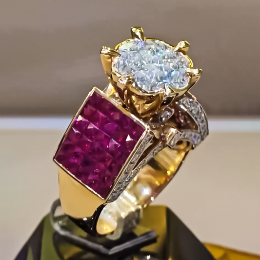 Elegant 6 ctw Round & Square Cut Ruby & White Gemstone Engagement Ring -JEWELBUYS