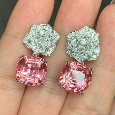 10ctw Square Cut Pink Morganite Dangle Earrings - JEWELBUYS