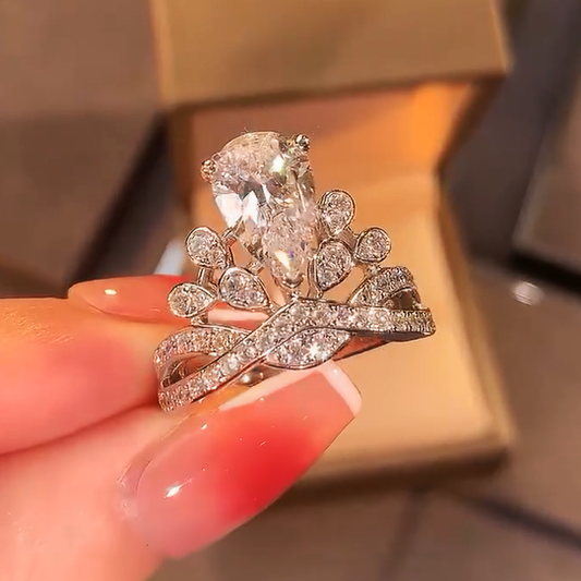 Elegant 5 ctw Pear Cut White Gemstone Crown Engagement Ring -JEWELBUYS