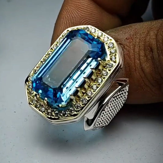 11ct Octagon Cut Aquamarine S925 Sterling Silver Ring-JEWELBUYS