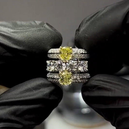 5ct 2 Yellow Cushion Cut and 4 White Round Cut Sapphires Fashion Ring-JEWELBUYS