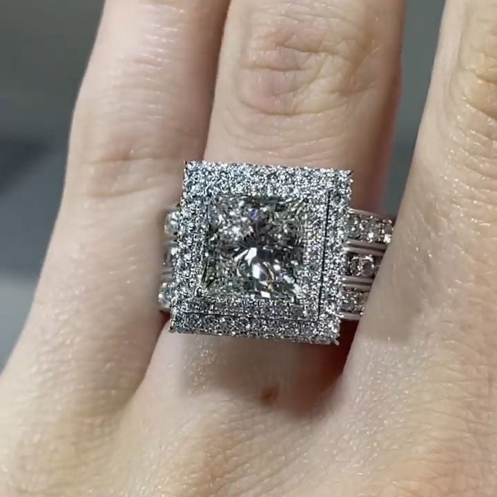 3.6ct Princess Cut Triple Row White Sapphire Engagement Ring - JEWELBUYS