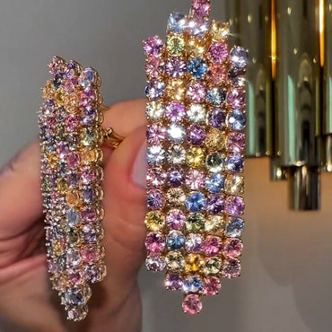 10ctw Magical Colorful Sapphire Linear Stone Dangle Earrings-JEWELBUYS