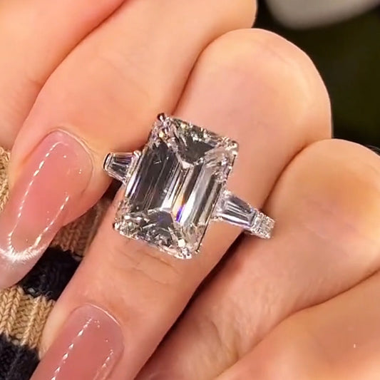 3Ctw Emerald Cut Three Stone White Sapphire Invisible Halo Engagement Ring-JEWELBUYS