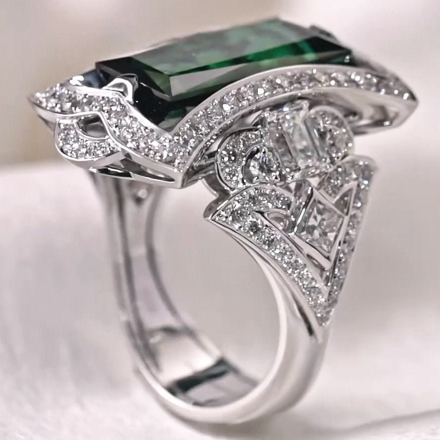 17ct Emerald Cut Green Tourmaline Cocktail Ring - JEWELBUYS