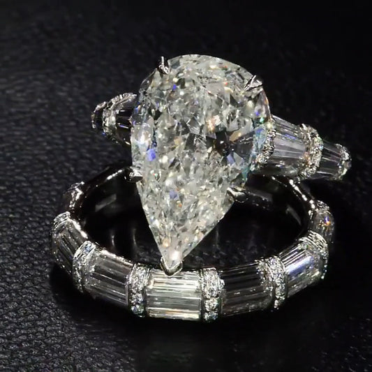 4ct Pear and Baguette Cut Delicate Band Stacking Ring-JEWELBUYS