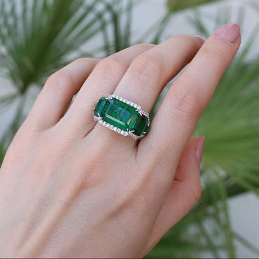 Elegant 13ct Emerald Cut Pave Green Sapphire Setting Engagement Ring-JEWELBUYS