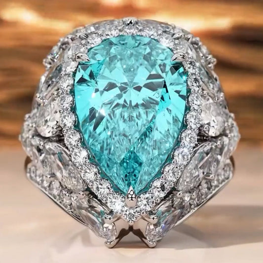 8.0Ctw Pear Cut Aquamarine Lab Sapphire Luxury Ring-JEWELBUYS