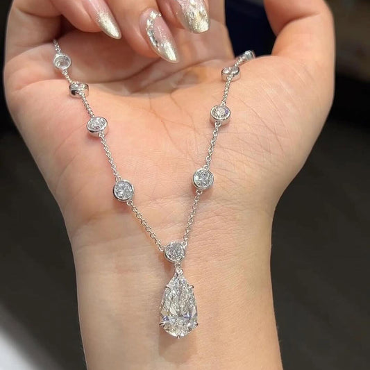 5ct Pear Cut Small Round White Sapphire Pendant Necklace-JEWELBUYS