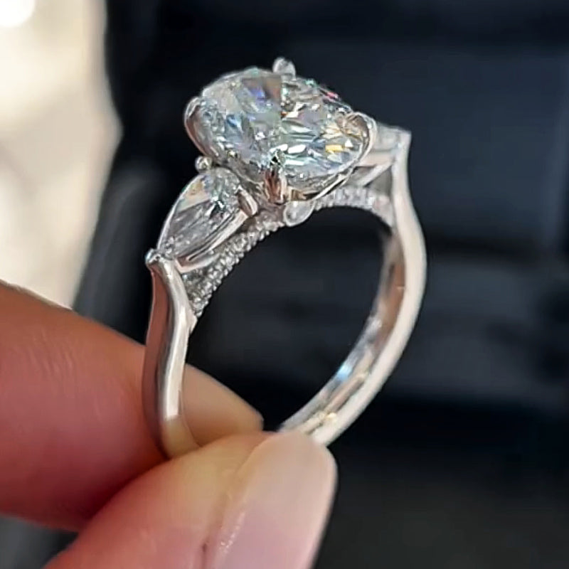 Sparkly 4ct Oval Cut Centered with Two Pear Cut White Sapphire Women's Engagement Ring in Silver-JEWELBUYS