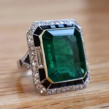 Vintage 10ctw Emerald Cut Emerald Sided Round Cut White & Black Sapphire Ring-JEWELBUYS