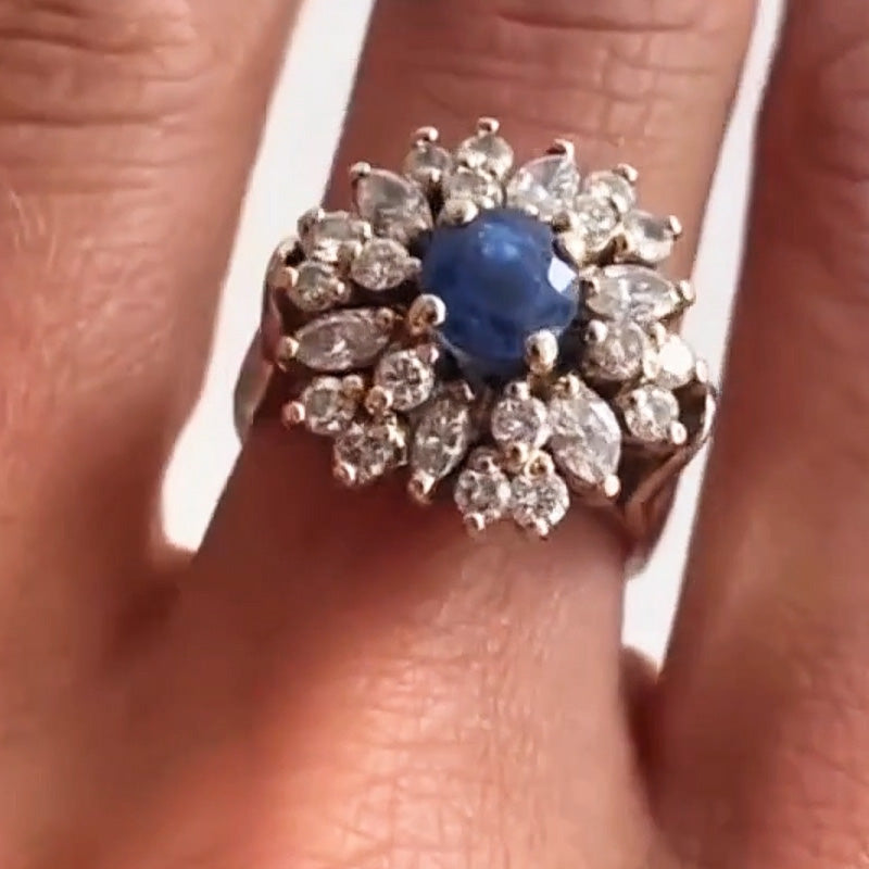 2.7ctw Vintage Style Round Cut Blue Gemstone & White Sapphire Cluster Ring-JEWELBUYS