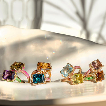 8 ctw Multicolor Sapphire Emerald Cut Paved Cocktail Ring - JEWELBUYS