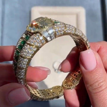 20Ctw Elegant and Dazzling Cushion-Shaped Fancy Yellow Emerald and Sapphire Bangle-JEWELBUYS