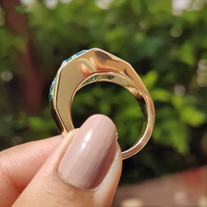 Three Stone 7 ctw Radiant Cut Blue Green Sapphire Vintage Ring - JEWELBUYS