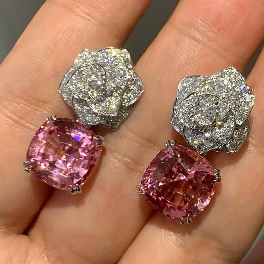 10ctw Square Cut Pink Morganite Dangle Earrings - JEWELBUYS