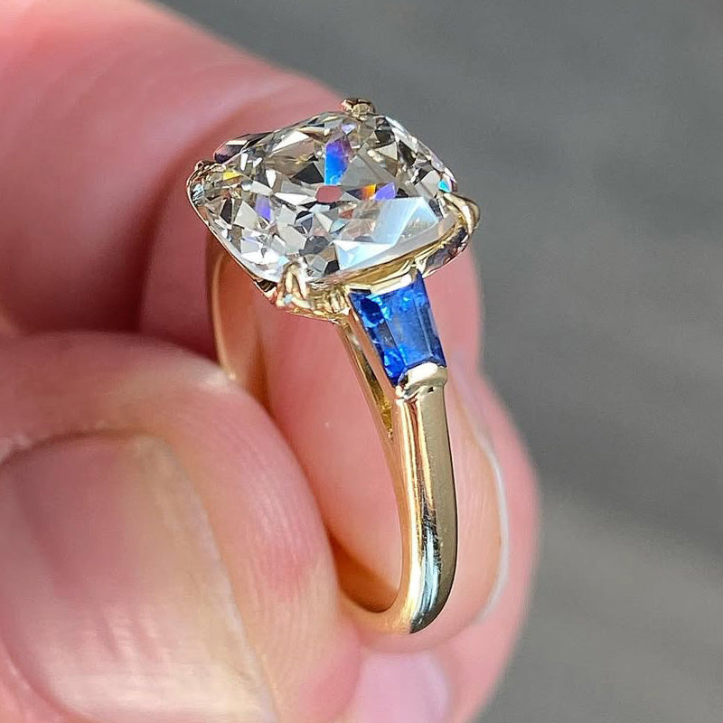 2.62Ct Elongated Cushion Cut and Taper Cut Blue Gemstone Brilliant Ring-JEWELBUYS