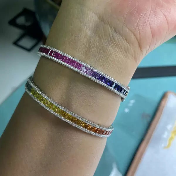 14ct Rainbow Princess & Round Cut Multi Color Sapphires Women's Bracelet-JEWELBUYS