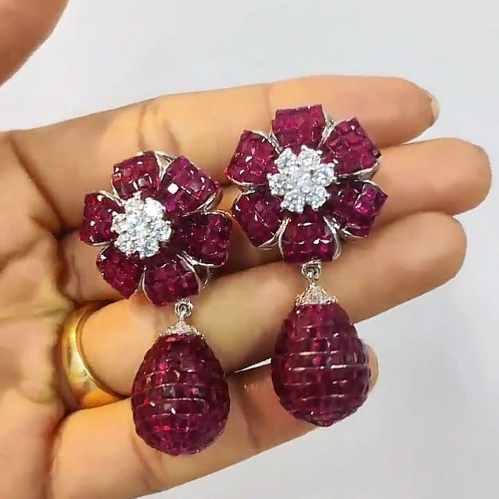 6.0Ctw Square Cut Ruby Flower Dangle Earrings-JEWELBUYS