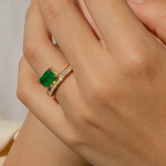 Personalized 2ct Emerald & Round Cut Green & White Sapphire Opening Ring-JEWELBUYS