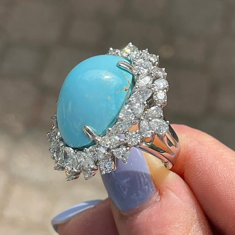5.83Ctw Cabochon Blue Turquoise and White Sapphire Ring-JEWELBUYS