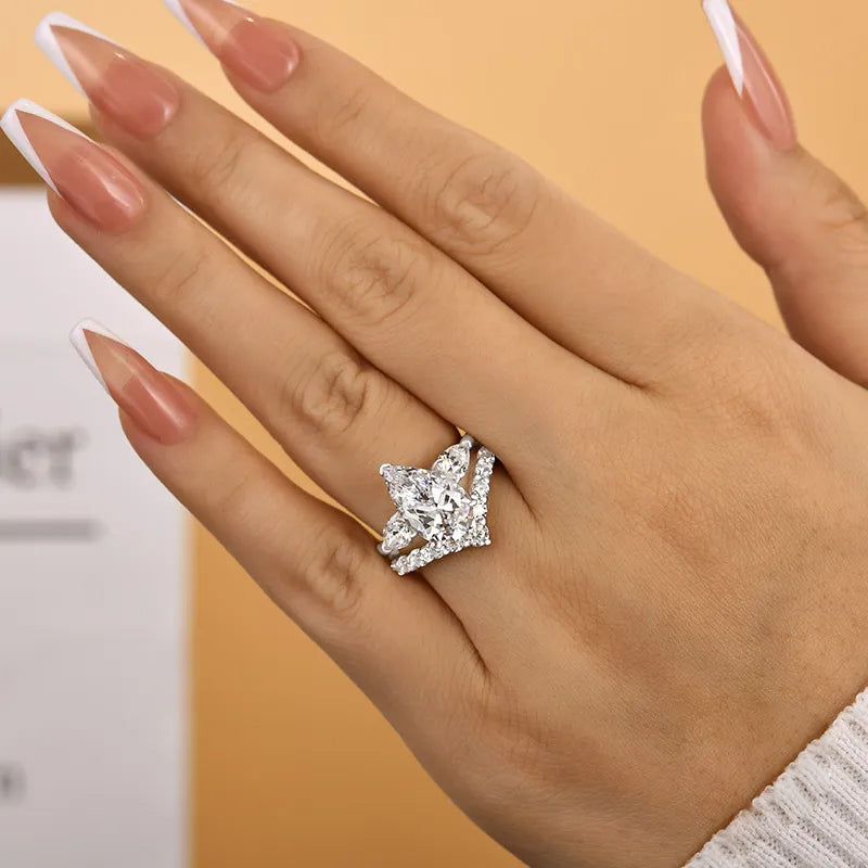 3.5ct Pear Cut White Sapphire Teardrop Three Stone 2-Piece Ring Set-JEWELBUYS