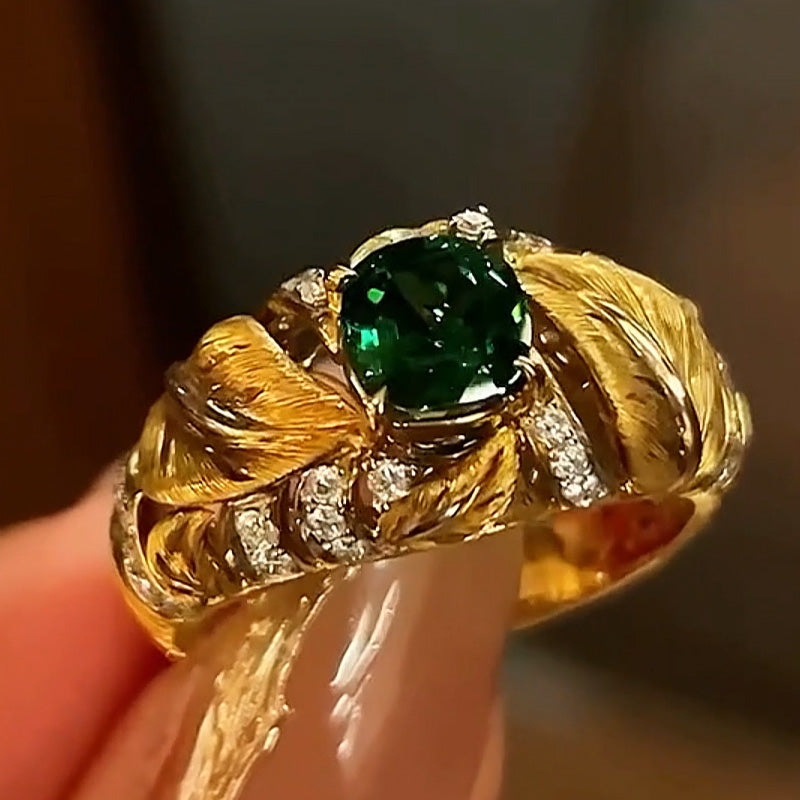 3.3CT Cushion Cut Emerald Vibrant Leaf Shape Engagement Ring-JEWELBUYS