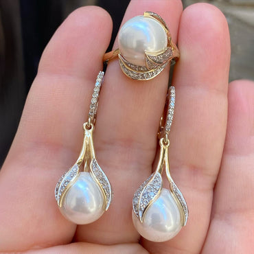 Leaf-shaped pearl and gemstone earring and ring set-JEWELBUYS