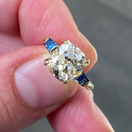 2.62Ct Elongated Cushion Cut and Taper Cut Blue Gemstone Brilliant Ring-JEWELBUYS