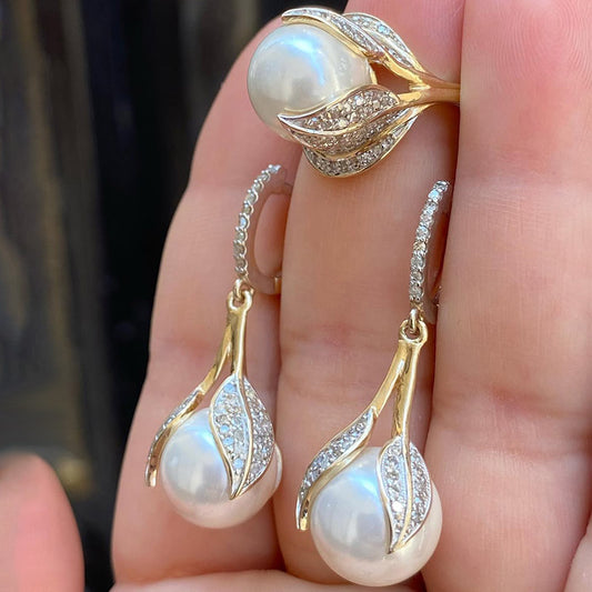 Leaf-shaped pearl and gemstone earring and ring set-JEWELBUYS