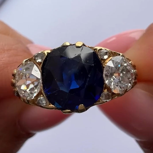 3.35Ctw Victorian-style vintage carved cushion-shaped blue gemstone engagement ring-JEWELBUYS
