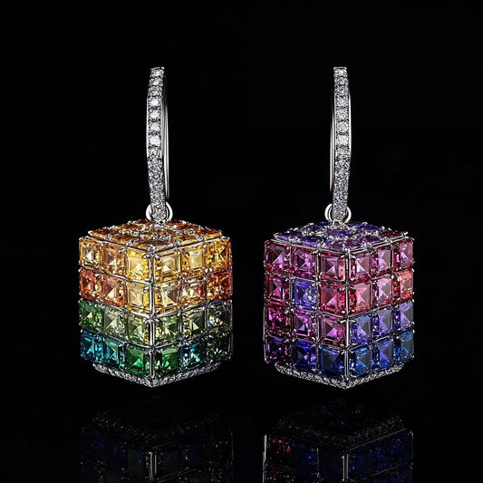 6.0Ctw Emerald Cut Gradient Color Sapphire Cube Earrings-JEWELBUYS