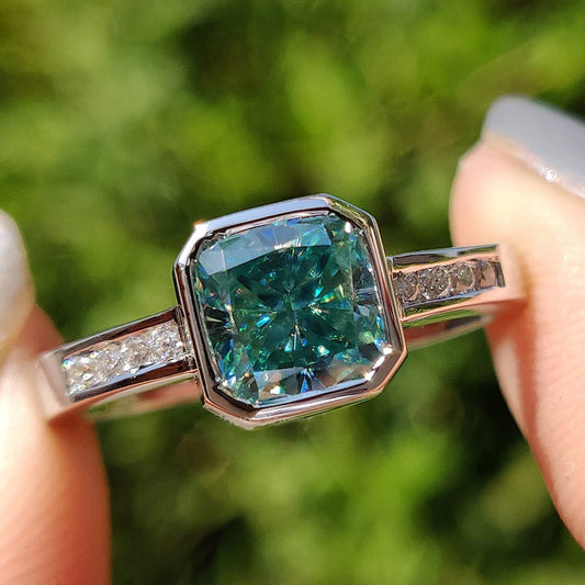 1.5Ct Cushion Cut Cyan Lab Sapphire Engagement Ring-JEWELBUYS