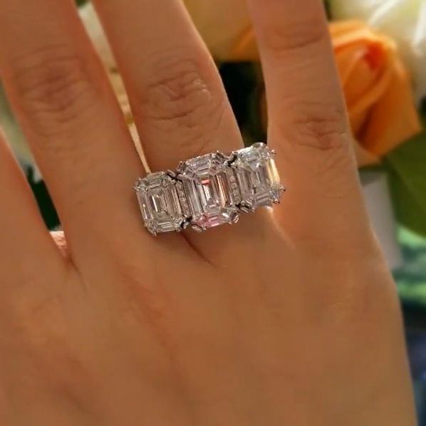 Gorgeous 14 ctw Emerald Cut White Gemstone Three Stone Engagement Ring -JEWELBUYS