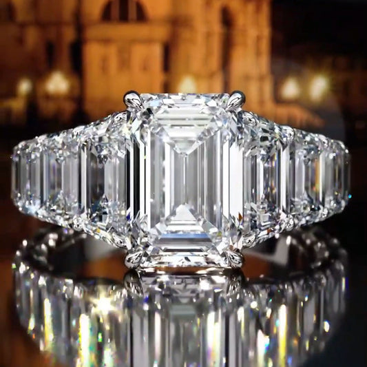 10.0Ctw Emerald Cut White Sapphire Invisible Band Engagement Ring-JEWELBUYS