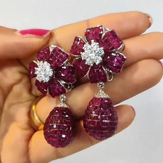 6.0Ctw Square Cut Ruby Flower Dangle Earrings-JEWELBUYS