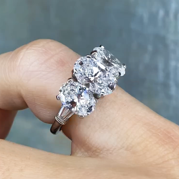 7.0ctw Oval Cut White Sapphire Three Stones Classic Engagement Ring - JEWELBUYS