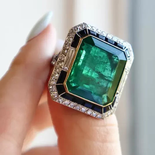Vintage 10ctw Emerald Cut Emerald Sided Round Cut White & Black Sapphire Ring-JEWELBUYS