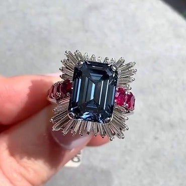 6.24Ctw Emerald Cut Sapphire and Ruby Ballet Ring-JEWELBUYS