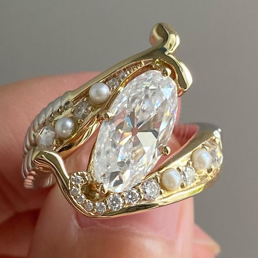 Vintage 4ct Oval Cut White Sapphire and Sided Round Cut Stones with Pearl Women's Engagement Ring in Gold-JEWELBUYS