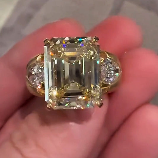 8Ct Emerald and Pear-Cut Three-Stone Yellow Sapphire Engagement Ring-JEWELBUYS